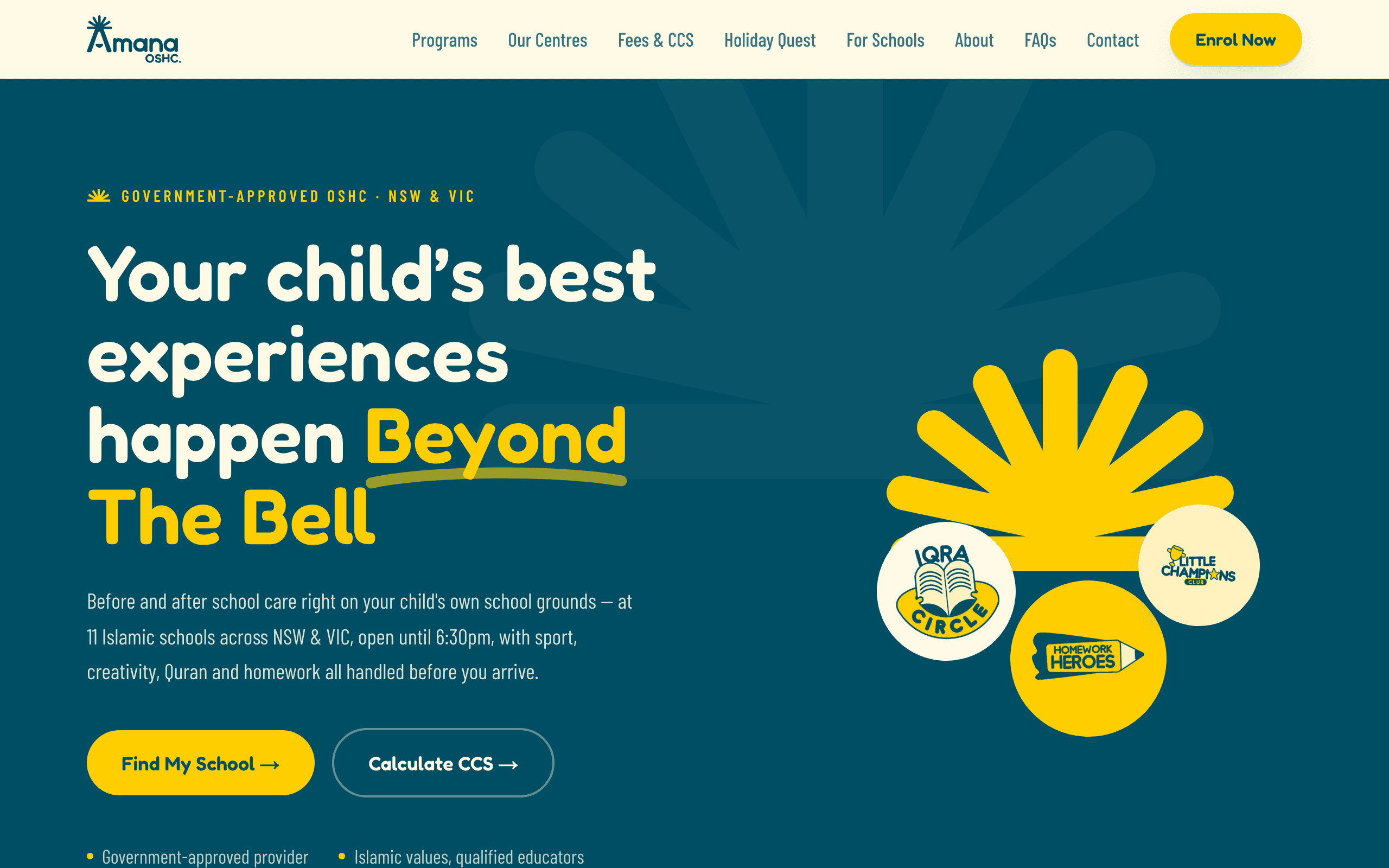Amana OSHC homepage on desktop