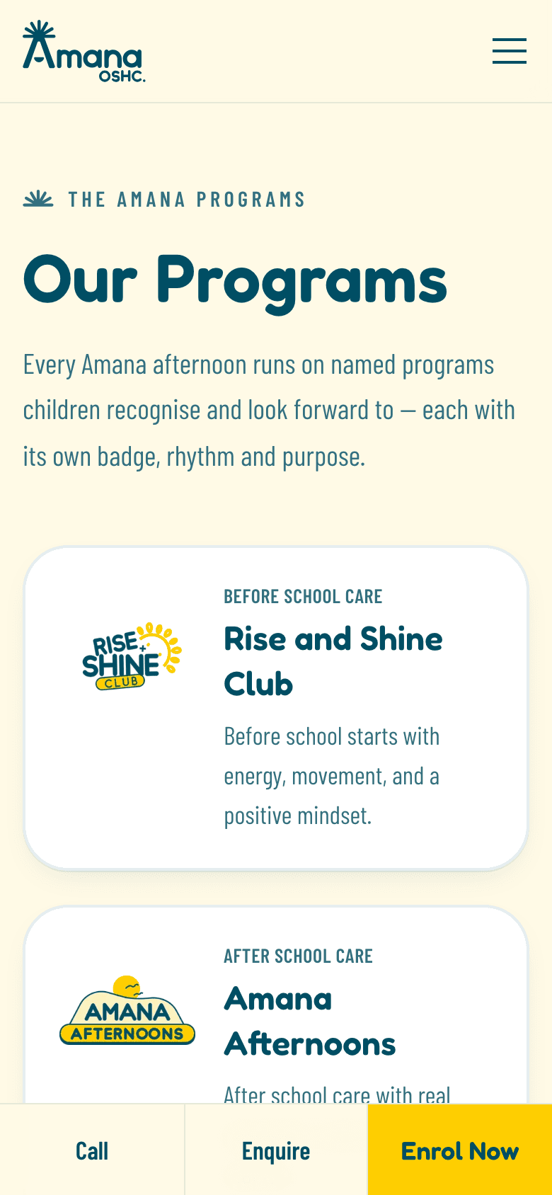 Amana OSHC programs page on a phone