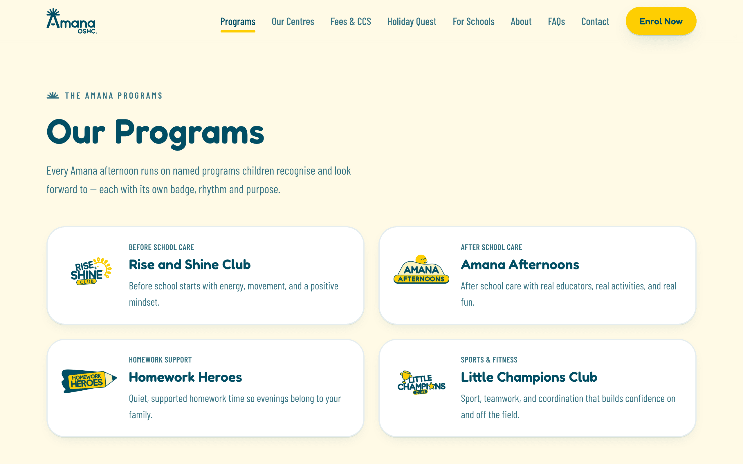 Amana OSHC programs page on desktop