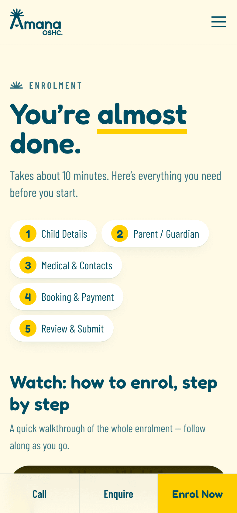 Amana OSHC enrolment page on a phone