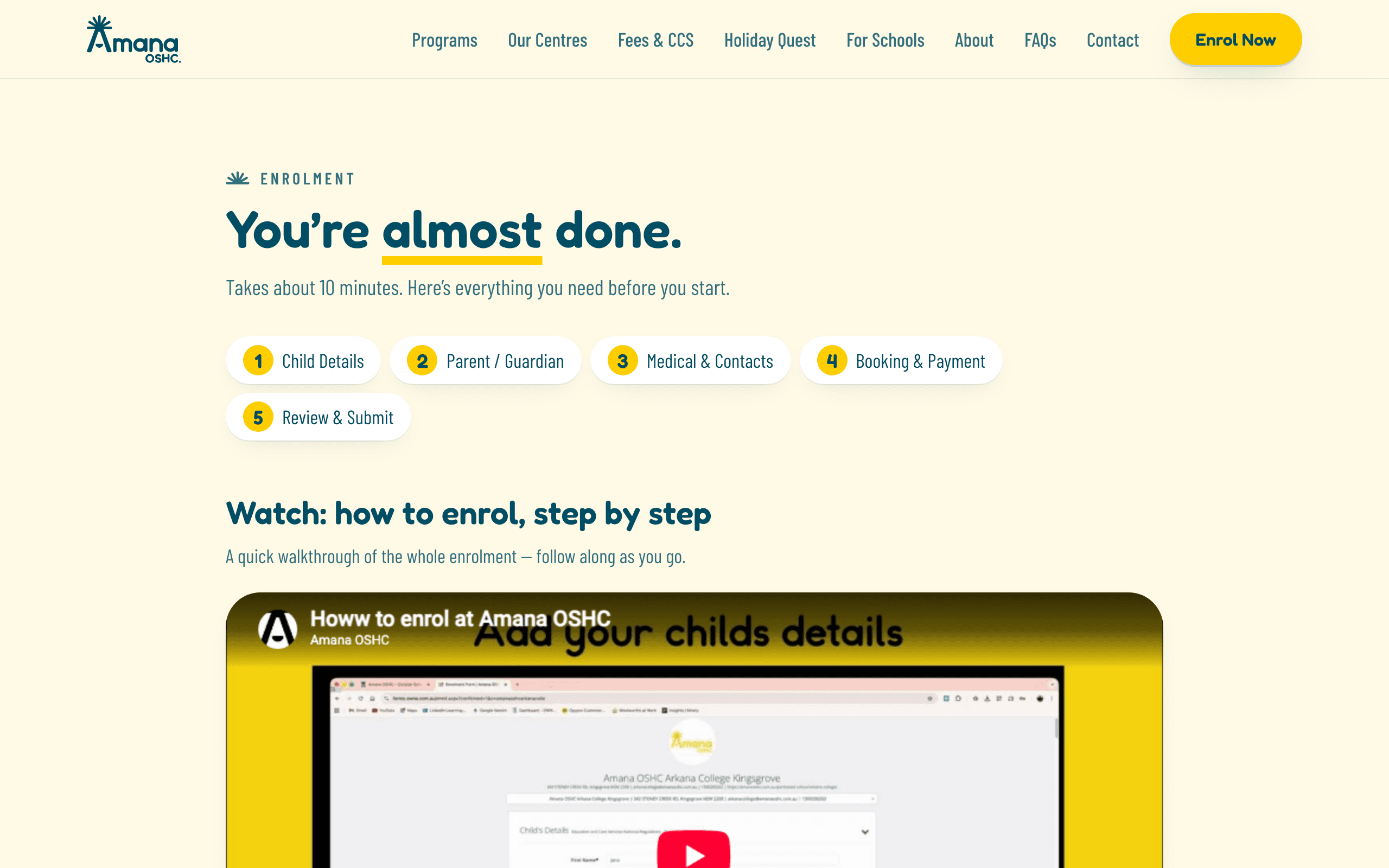 Amana OSHC enrolment page on desktop