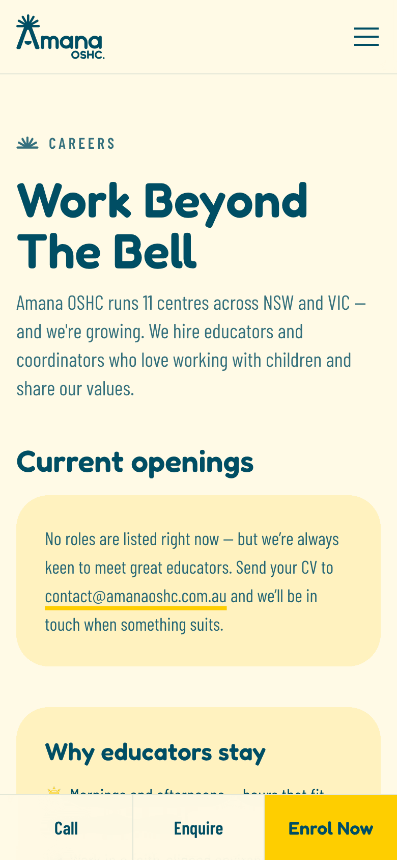 Amana OSHC careers page on a phone