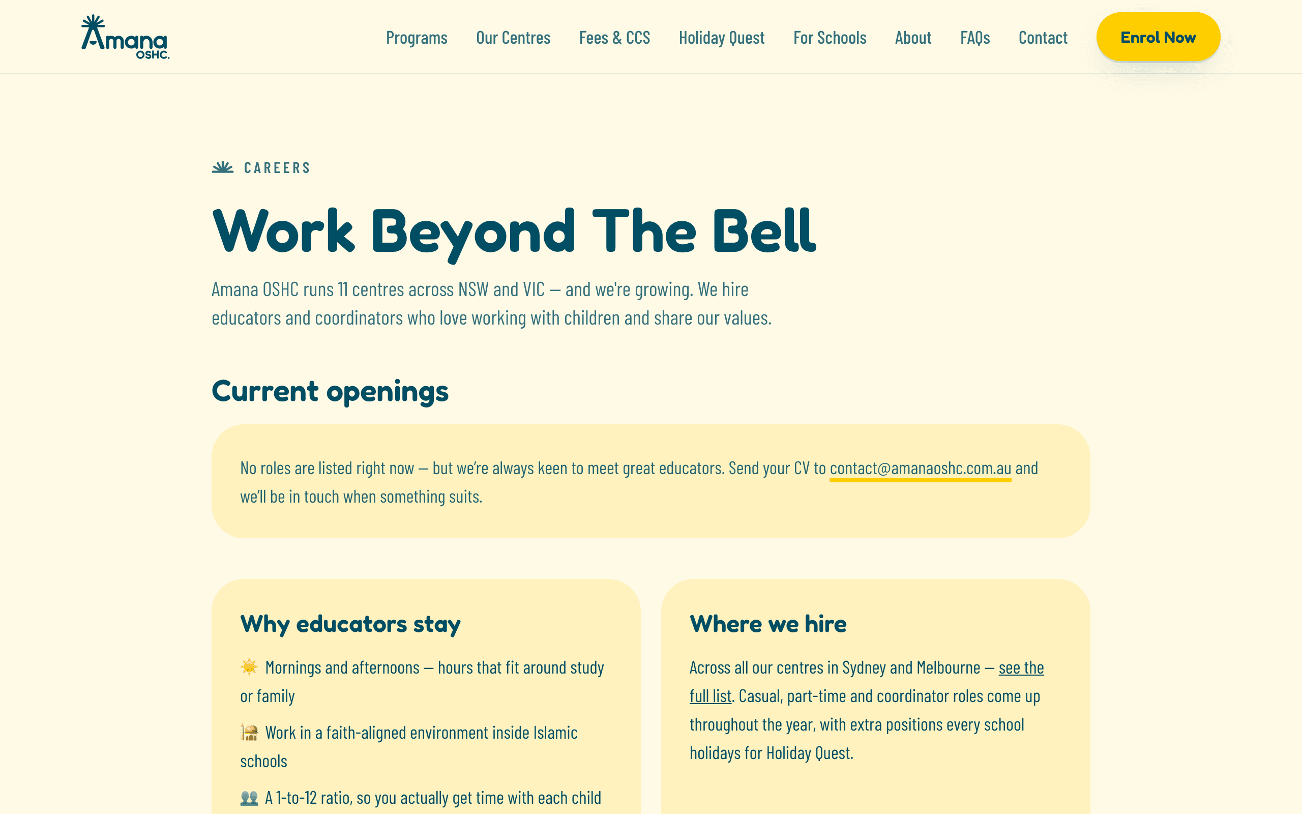 Amana OSHC careers page on desktop