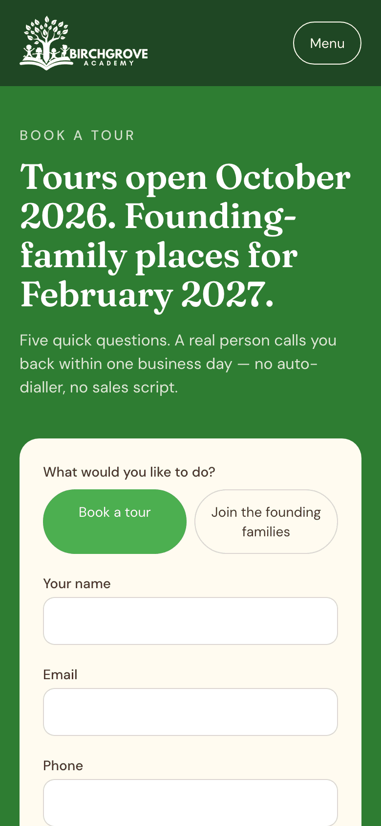 Birchgrove Academy tour booking page on a phone