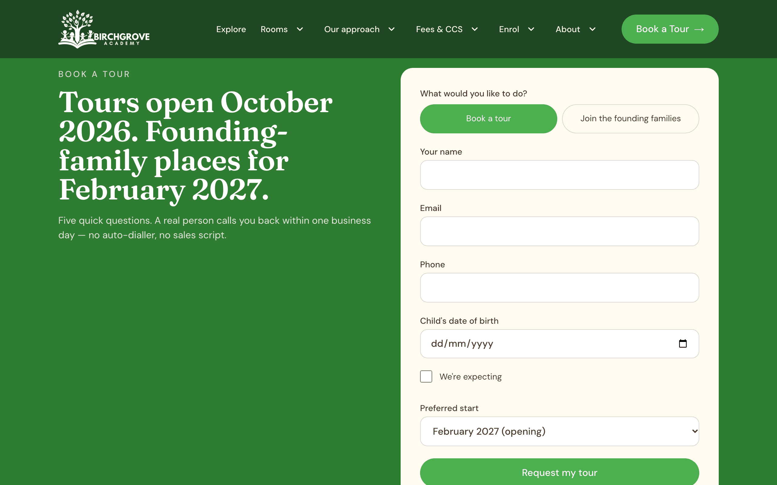 Birchgrove Academy tour booking page on desktop