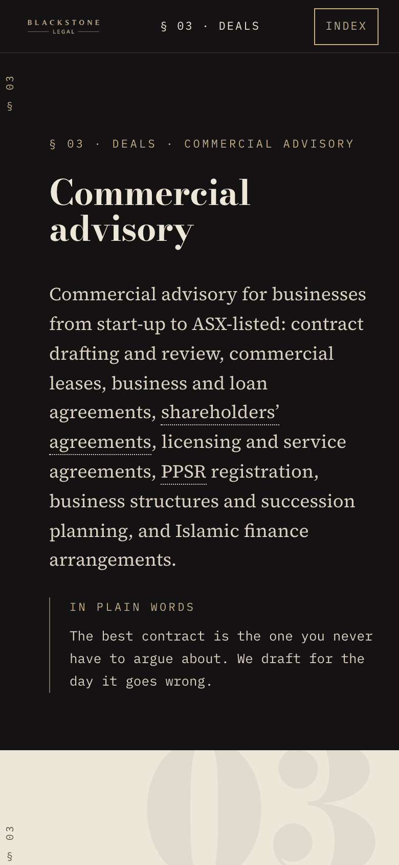 Blackstone Legal commercial advisory page on a phone