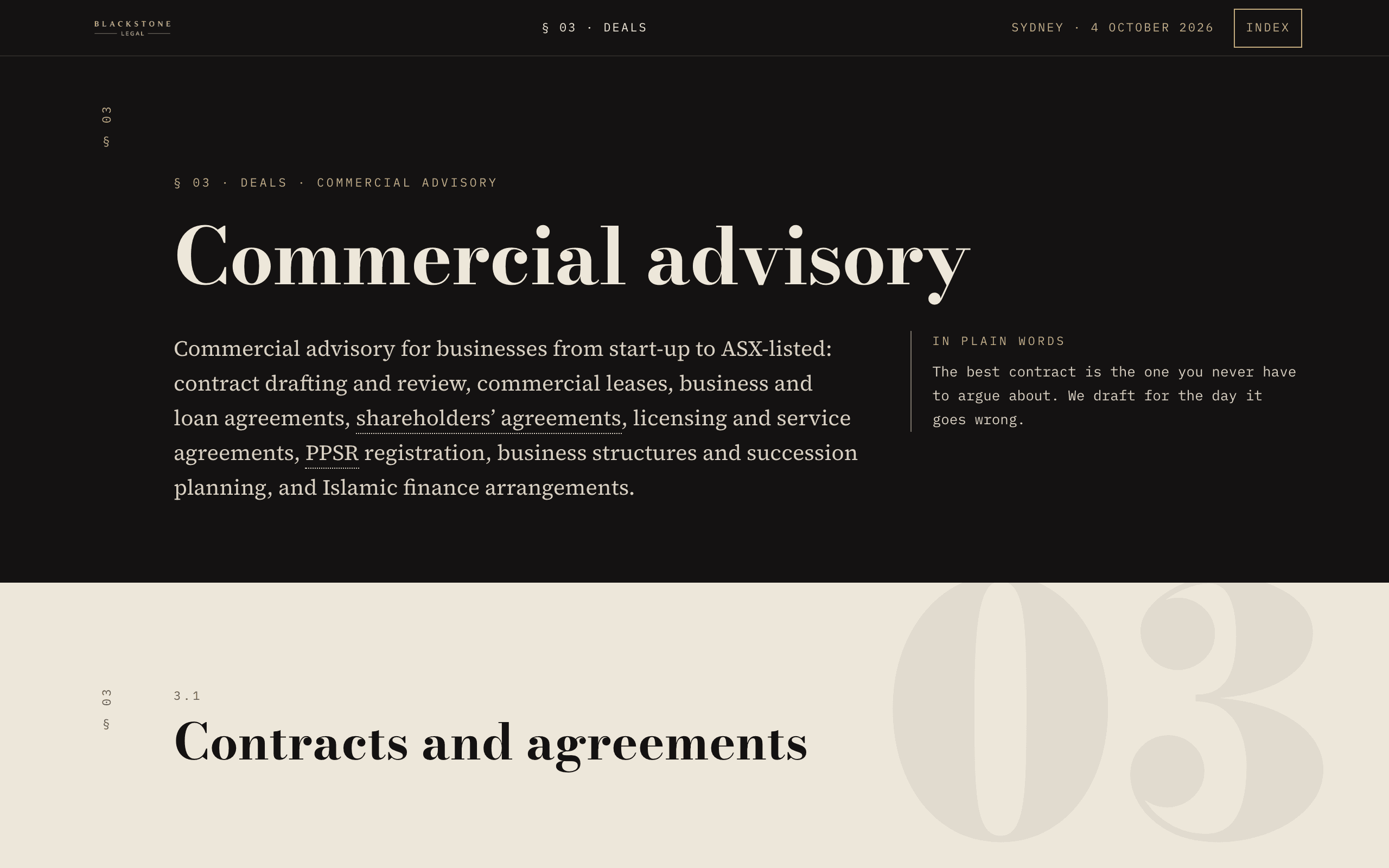 Blackstone Legal commercial advisory page on desktop