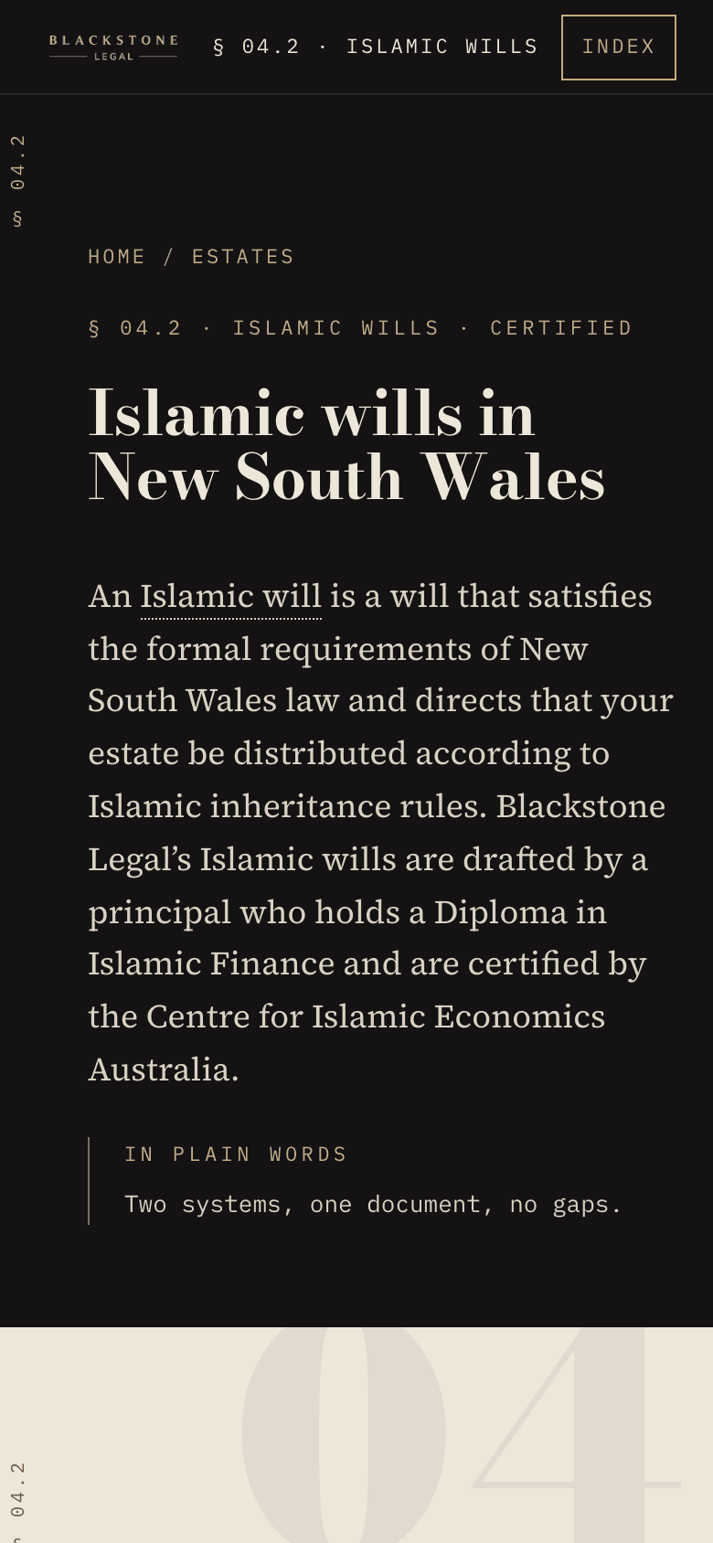 Blackstone Legal Islamic wills page on a phone