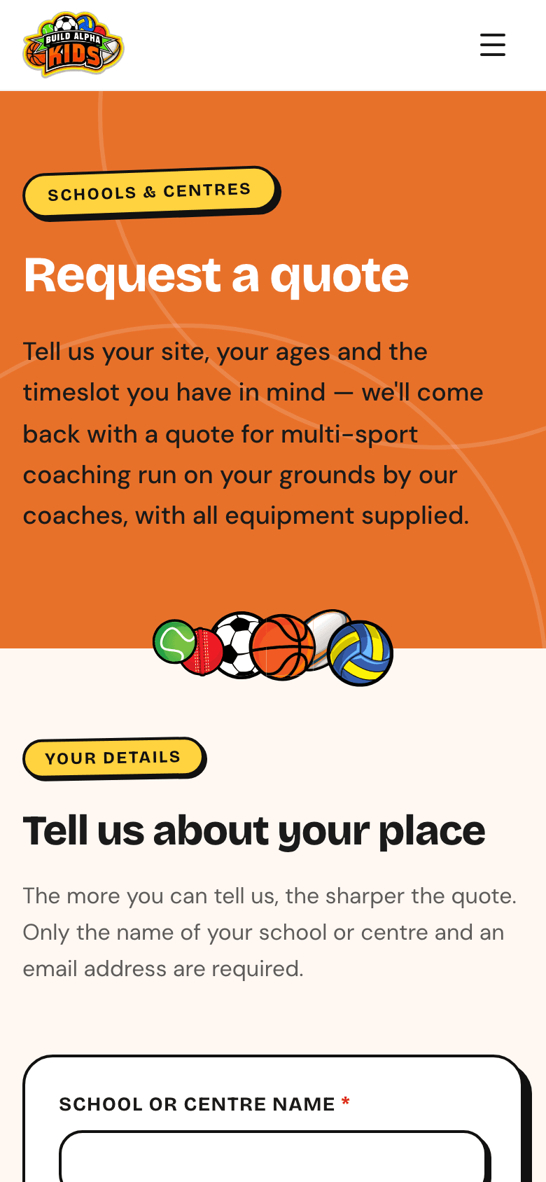 BuildAlphaKids quote request page on a phone