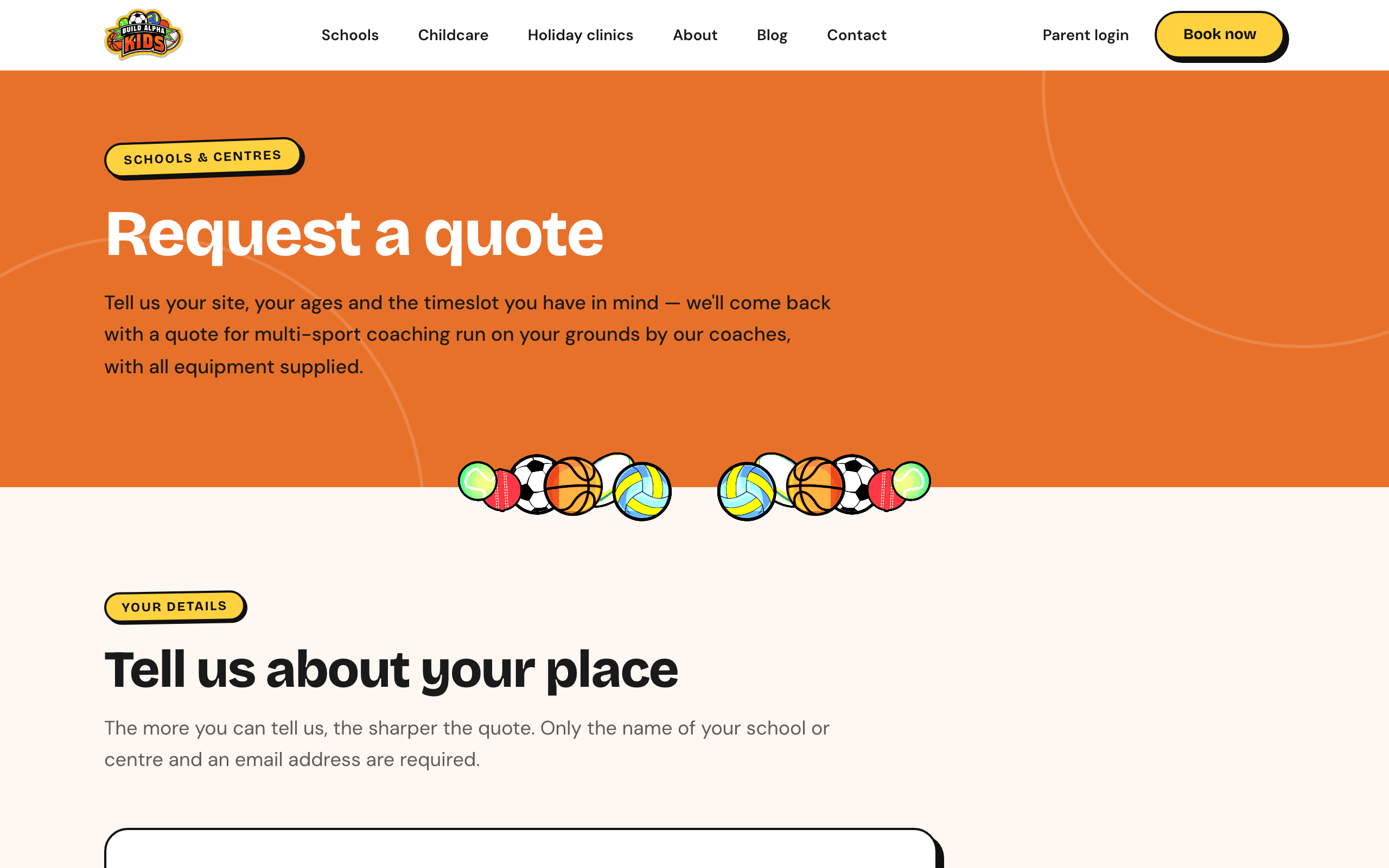 BuildAlphaKids quote request page on desktop