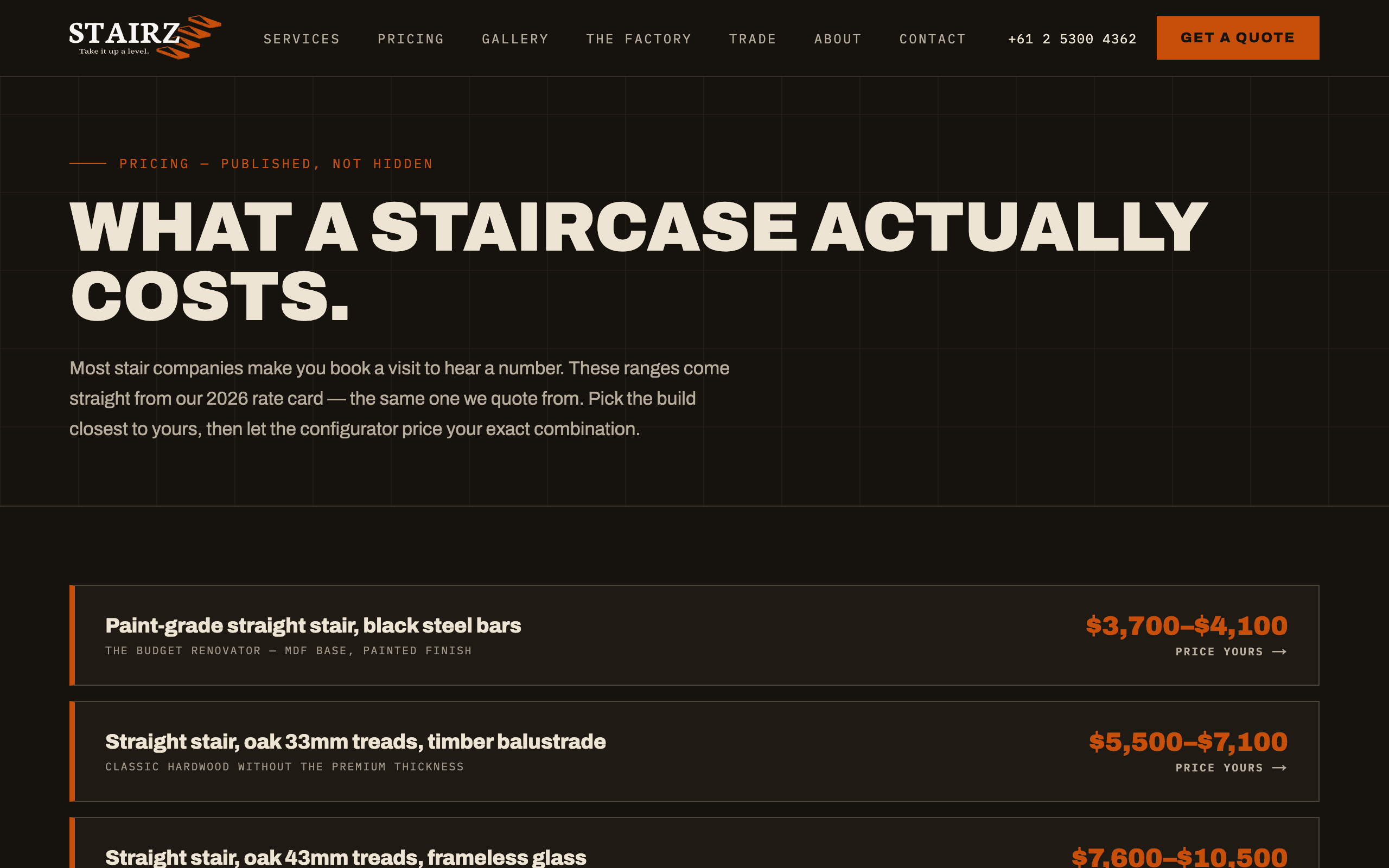 Stairz pricing page on desktop