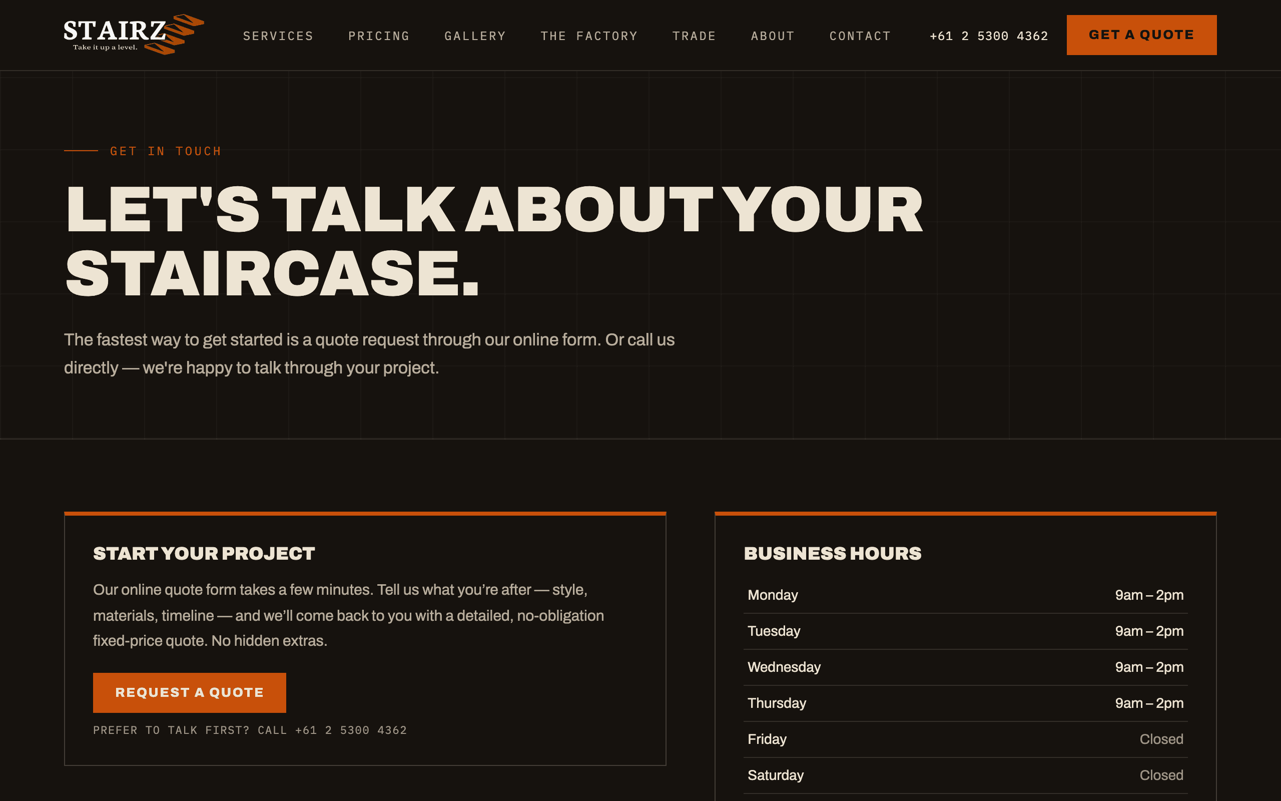 Stairz contact page on desktop